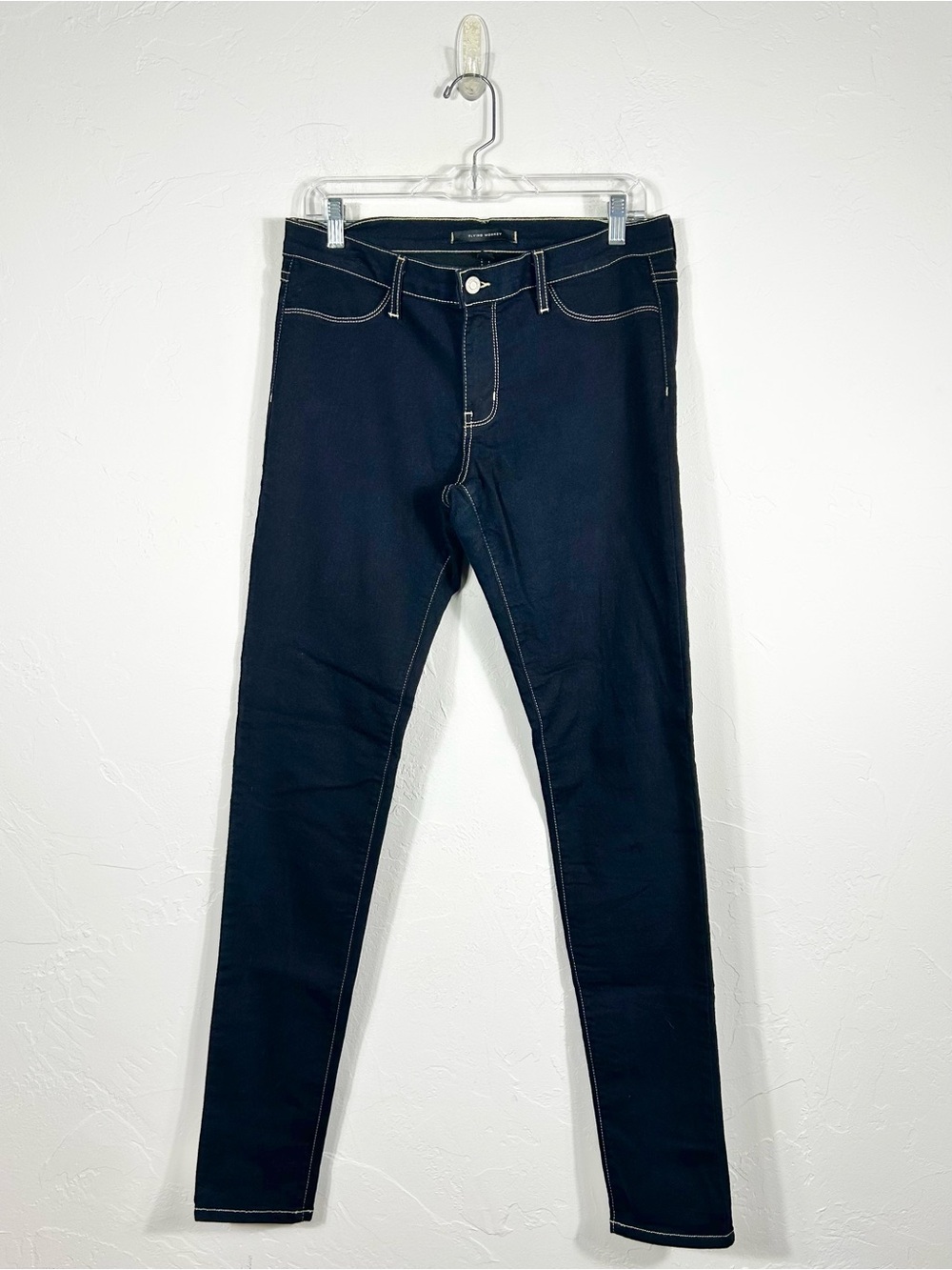 Flying Monkey Contrast Stitch Skinny Jeans Size 31 Dark Indigo Wash USA